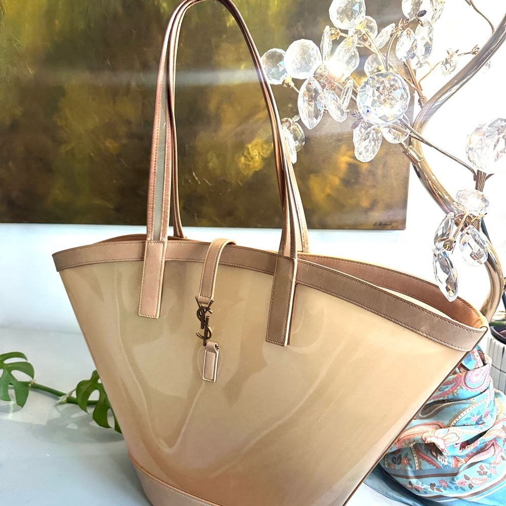 Saint Laurent Beige Patent Leather Tote with Gold YSL Charm